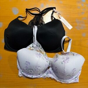 Victorias Secret 34DDD Bra Lot of 2 Body by Victoria Lined Demi & Floral Plunge